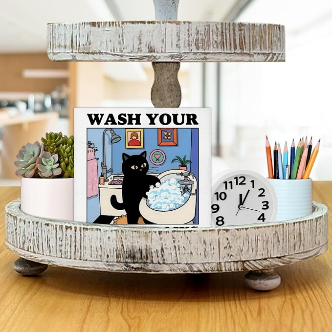 Funny Bathroom Decor Wash Your Little Paw Cute Black Cat Wood Block Sign Decor - Image 7