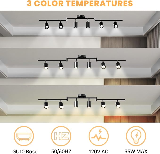 LED 6 Light Track Lighting Kit, 3 Color Adjustable Ceiling Spot Lighting - Image 3