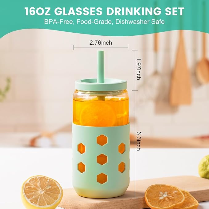 Mrsdry Glass Cups with Lids and Straws, 16oz Drinking Glasses Set with Silicone - Image 3