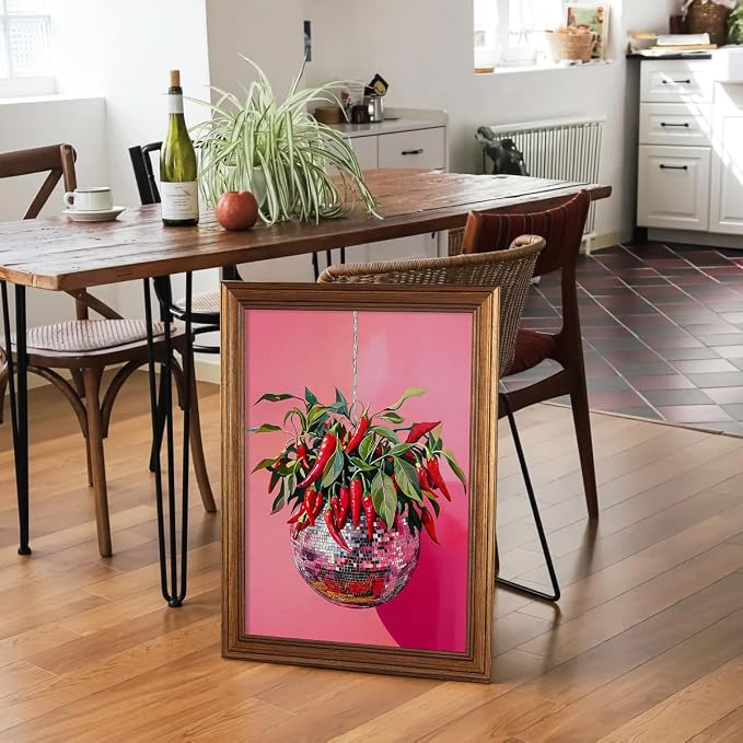 Gold Framed Disco Ball With Red Chili Pepper Wall Art 16x20 inch Funky - Image 3
