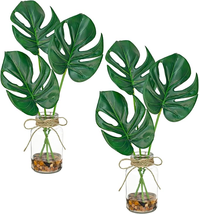 2 Pack Artificial Monstera Leaves in Glass Vase, Small Faux Plants by UNLEMONI