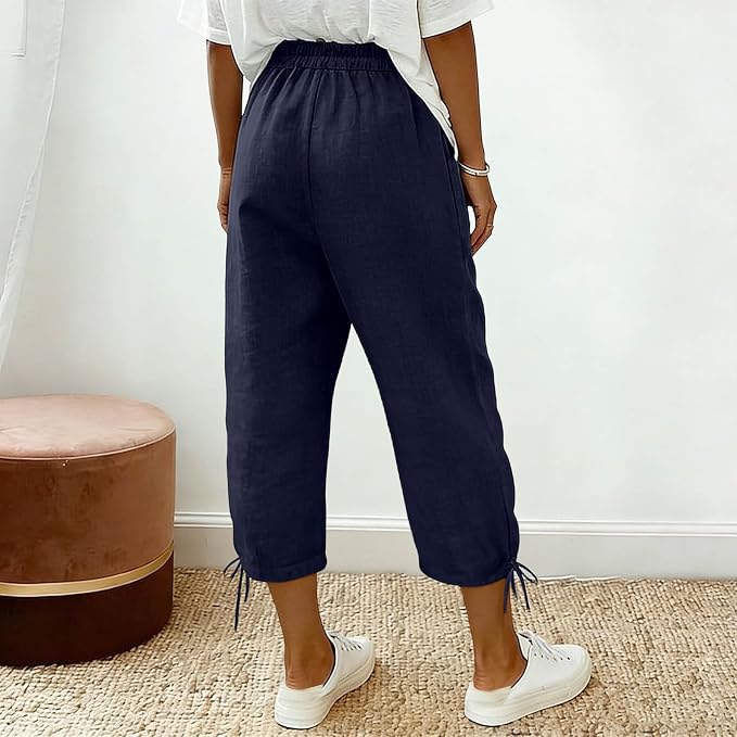 Linen Capri Pants for Women Drawstring Elastic Wide Leg Trouser 2026 Summer - Image 6