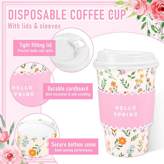 Whaline 50 Set Spring Floral Disposable Coffee Cups - Image 3