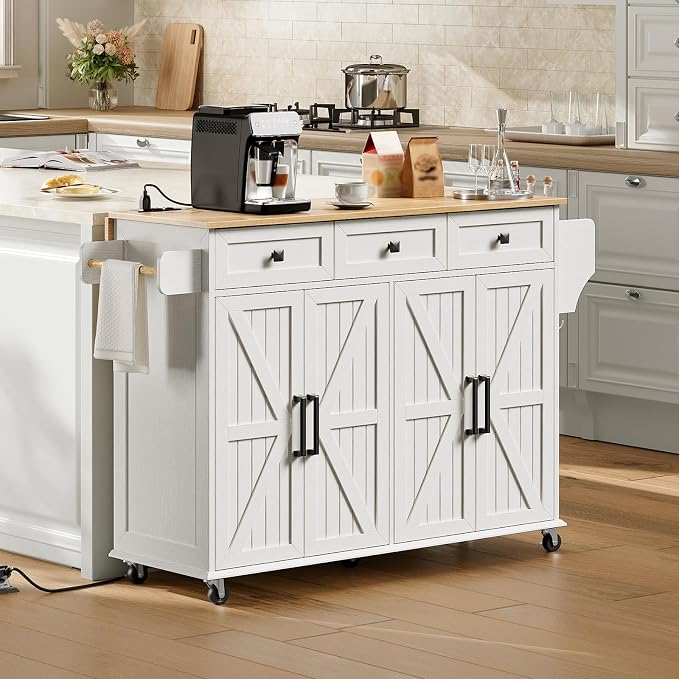 RALGEND Kitchen Island with Drop Leaf & Power Outlet, Rolling Kitchen Island by RALGEND
