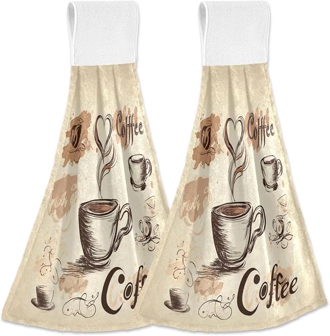Coffee Bean Cups Kitchen Hanging Towel 12 x 17 In Cafe Theme Hearts Face Hand by Dussdil