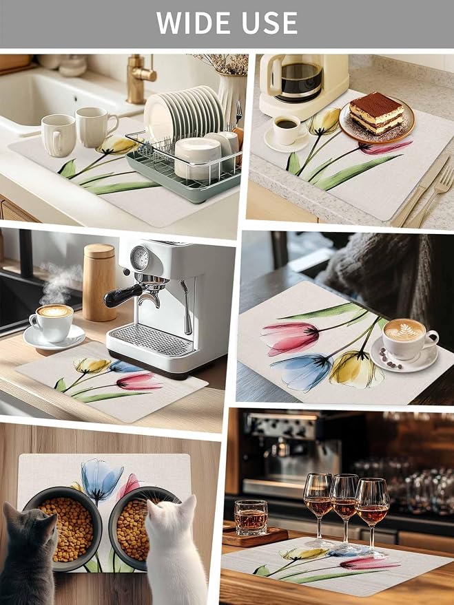 Red Yellow Blue Tulips Coffee Mat Transparent Floral Linen Retro Absorbent Bar - Image 8