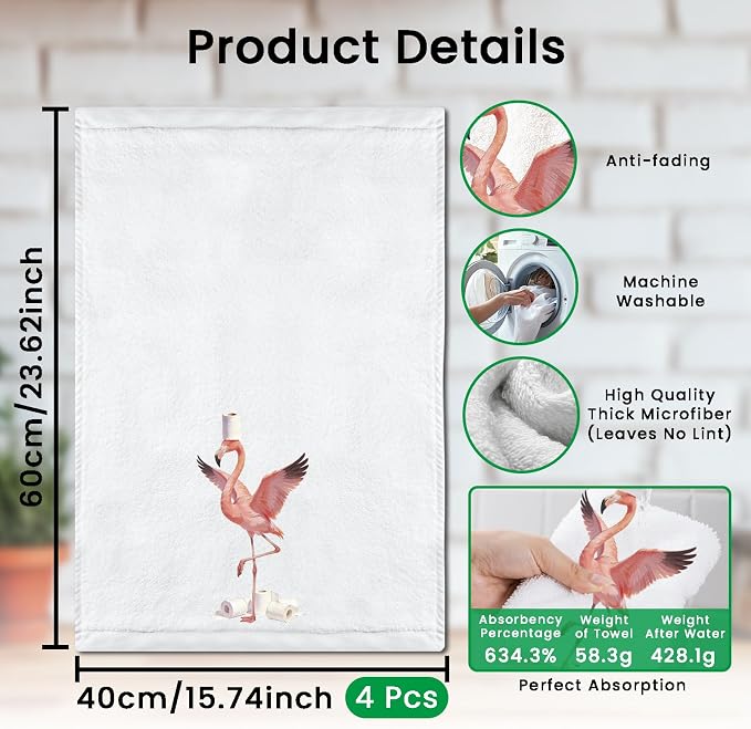 CUTHOLLOW Bath Flamingos Decorative Kitchen Towels Set of 4, 15.74"x23.62" Soft - Image 2