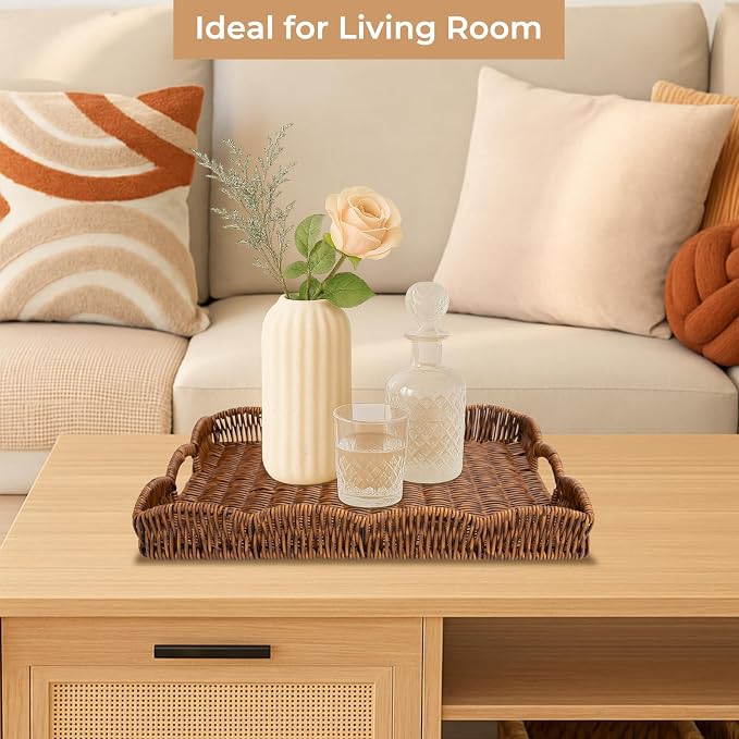 Rectangle Wicker Scalloped Tray, Hand Woven Synthetic Rattan Serving Tray - Image 3