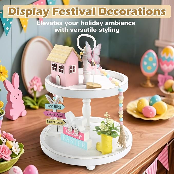Wooden Two Tiered Tray Stand, Farmhouse Round 2 Tier Decorative Tray - Image 4