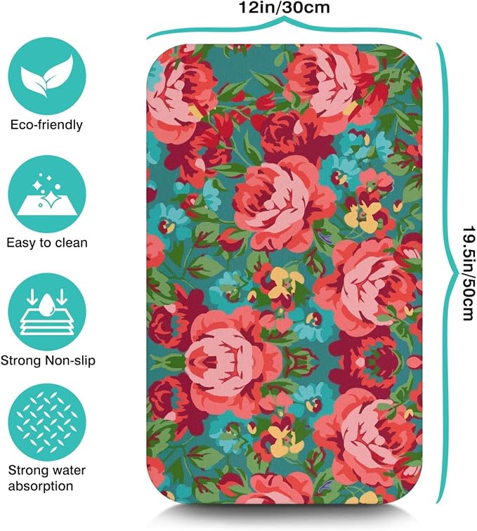 Floral Kitchen Counter Mat, 12 x 19.5 inches, Non-Slip Backing, Fast Drying - Image 3
