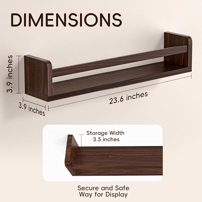 Floating Wall Nursery Book Shelves, 23.6 Inch, Walnut Color, Wall Mounted - Image 3