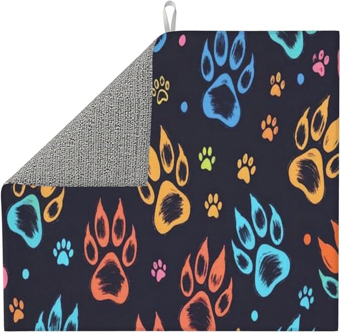 Dish Drying Mat Dish Drainer Mat 16X18 Large Size Colorful Paw Prints Dark - Image 3