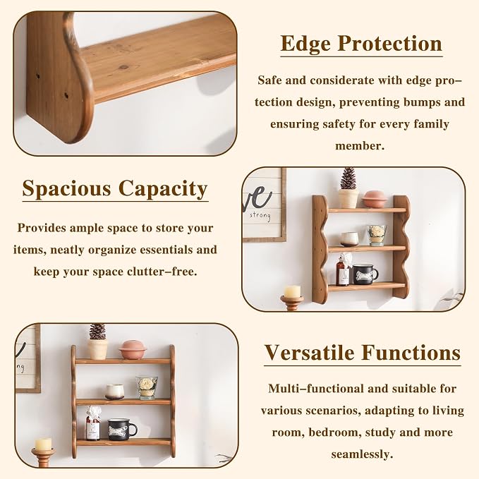 100% Solid Wood Wall Shelf 3-Tier, Rustic Floating Shelves Wall Mounted Storage - Image 5