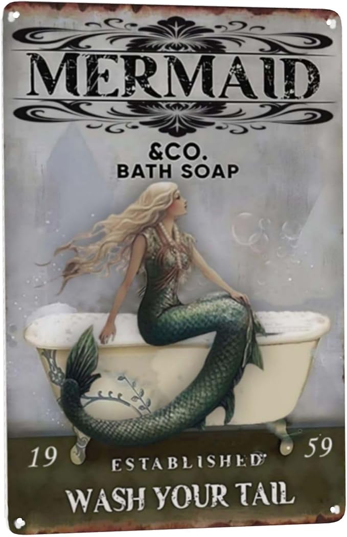 Retro Signs Vintage Bathroom Mermaid Bath Soap Wash Your Tail Signs Retro by LifeWheel