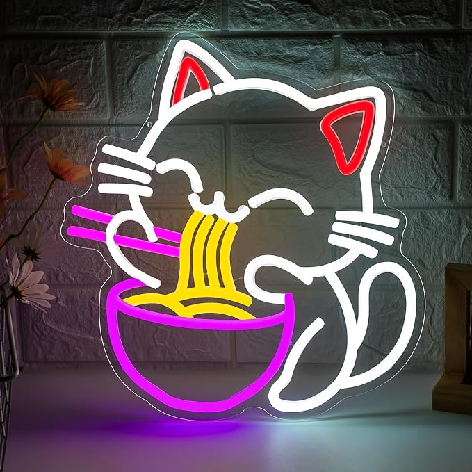 Fortune Cat Ramen Neon Sign for Wall Decor Dimmable Japanese Lucky Cat Noodle by Lurevia