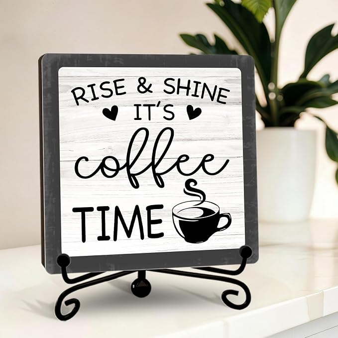 Funny Coffee Bar Decor, Rise & Shine It's Coffee Time Wood Plaque by YQV