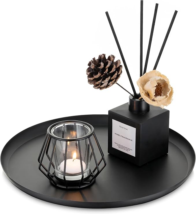 Romadedi Black Round Decorative Tray: Metal Candle Trays Decor by ROMADEDI