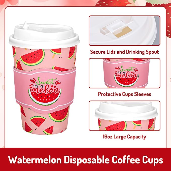 Whaline 50 Set Summer Watermelon Disposable Coffee Cups - Image 3