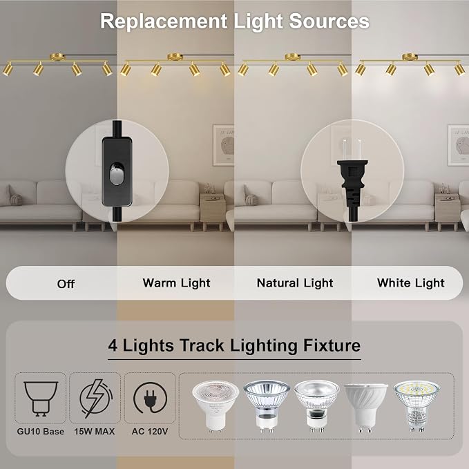 Plug in Track Lighting LED, Track Lighting Fixtures Ceiling Gold, 4-Light - Image 2