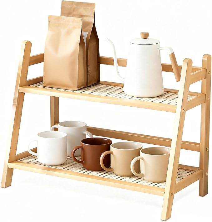 Double Layer Bamboo Cup Holder, Countertop Storage Rack, Coffee Bar Stand by Unknown