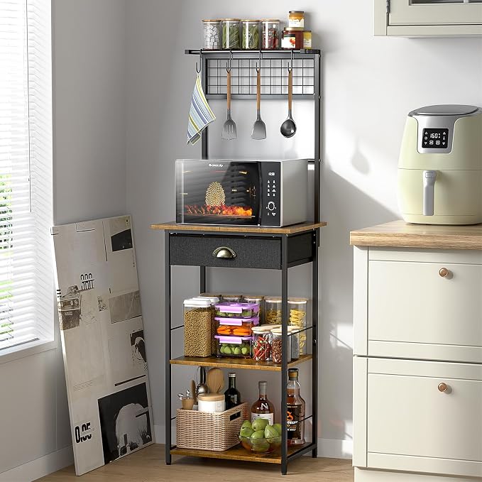 5 Tier Coffee Bar Station with Drawer, Kitchen Stand with 4 S-Shaped Hooks - Image 3