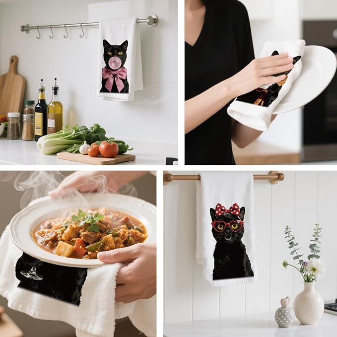 CUTHOLLOW Cute Funny Black Cats Decorative Kitchen Towels Set of 4, - Image 4