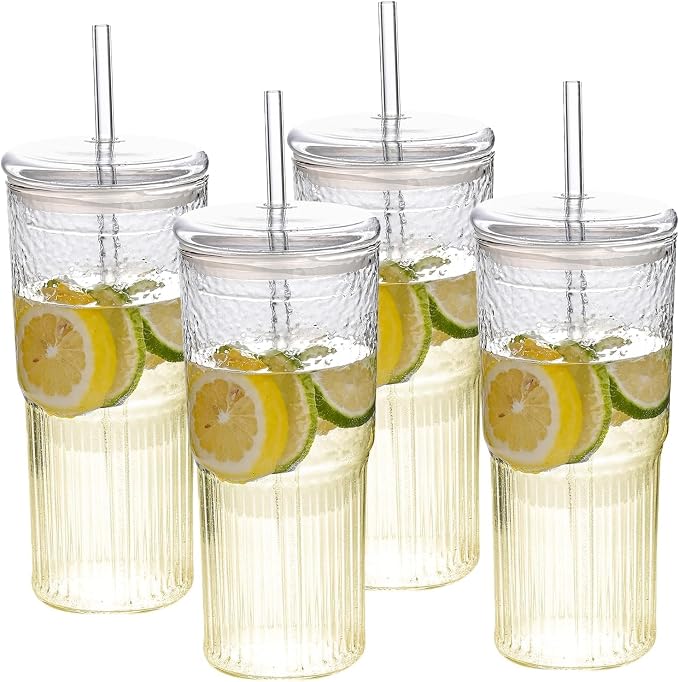 20 oz Glass Cups with Lids and Straws, 4 Pack Iced Coffee Cup with Glass Lid by MINGHYZYA