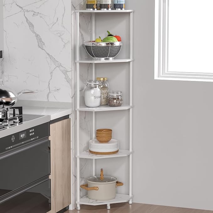 5-Tier Corner Shelf Stand Marble White 50.2" Bathroom and Kitchen Corner Shelves - Image 8