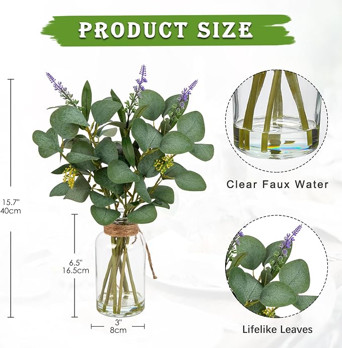Briful Artificial Eucalyptus Stems in Glass Vase - Image 2