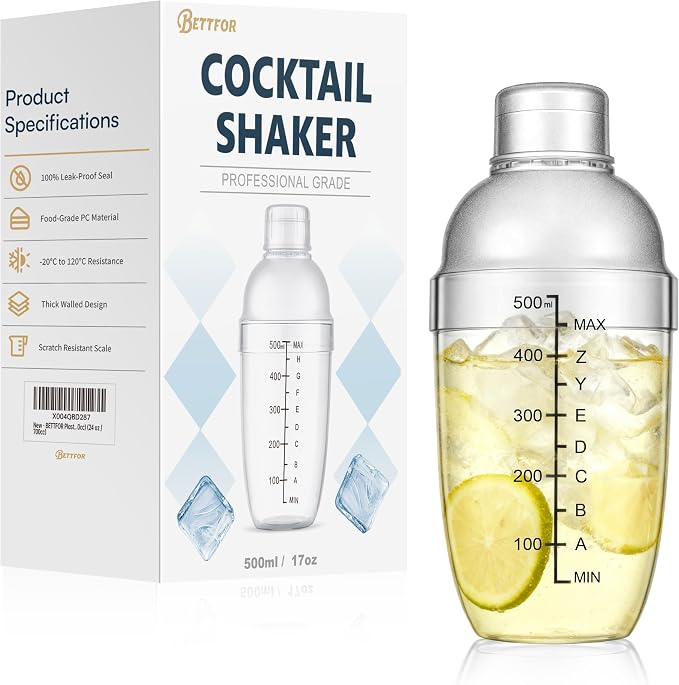 Plastic Cocktail Shaker with Measuring Scale 17oz, Leak-Proof & by BETTFOR