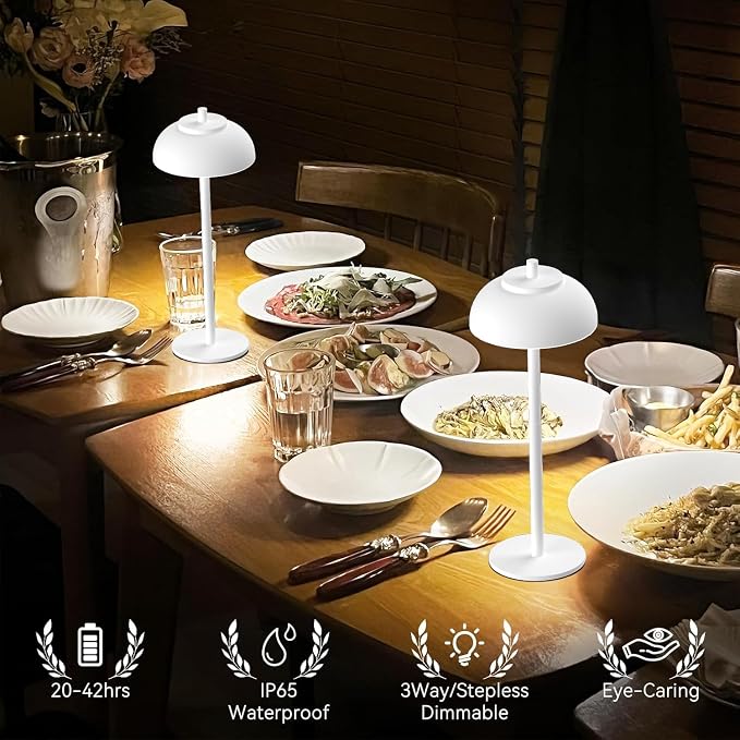 White Table Lamp Set of 2 Rechargeable, Table Lights Battery Operated-IP65 - Image 6