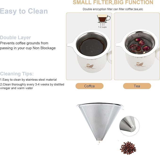 Pour Over Coffee Maker, Coffee Filter, Slow Drip Paperless Stainless Steel Cone - Image 5