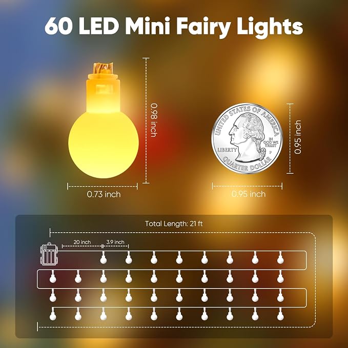 Minetom Battery Operated String Lights, 21FT 60 LED Globe Fairy Lights - Image 2