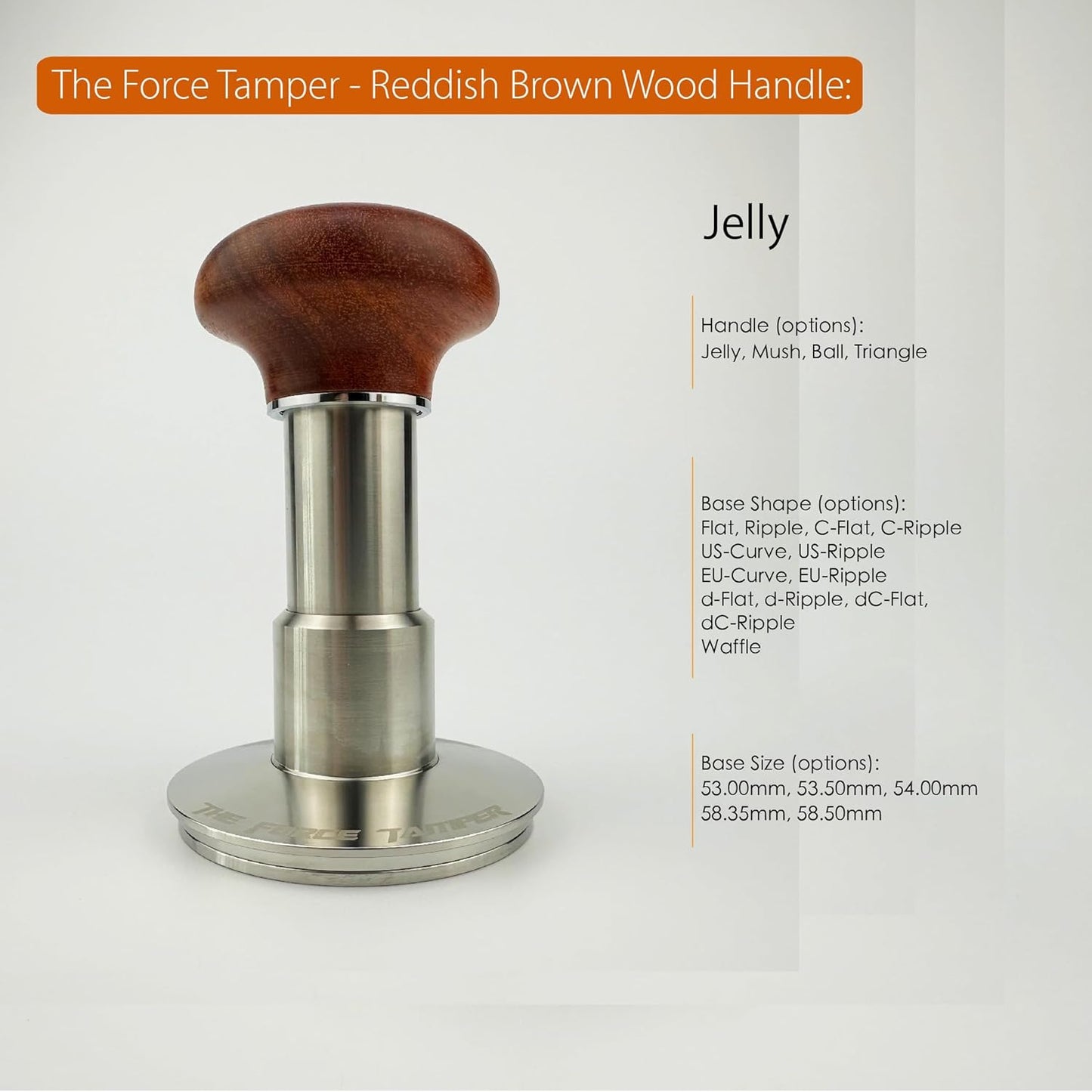 The Force Tamper Automatic Impact Adjustable Constant Pressure and Autoleveling Coffee Tamper Reddish Brown Jellyfish Wooden Handle Set Pro (Extend Set, 58.50mm)