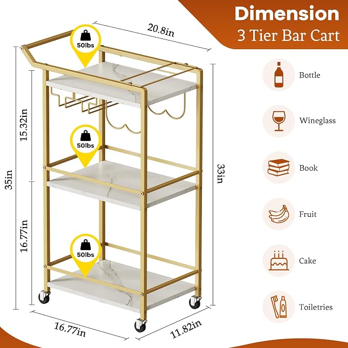 LOTEYIKE 3 Tier Bar Cart, Mini Liquor Utility Cart - Image 2