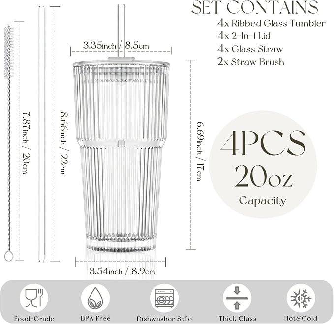 KEMORELA 4-Pack 20 oz Ribbed Glass Tumblers - Image 3
