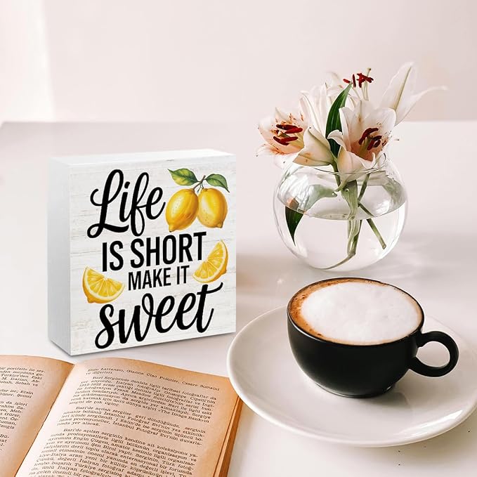 Inspirational Quote Life is Short Make it Sweet Wood Box Sign, Rustic Lemon - Image 4