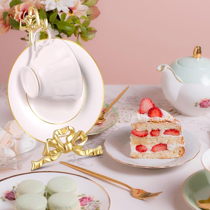 Reallnaive Brass Tea Cup and Saucer Display Stand Vintage Bow Teacup Holders - Image 4