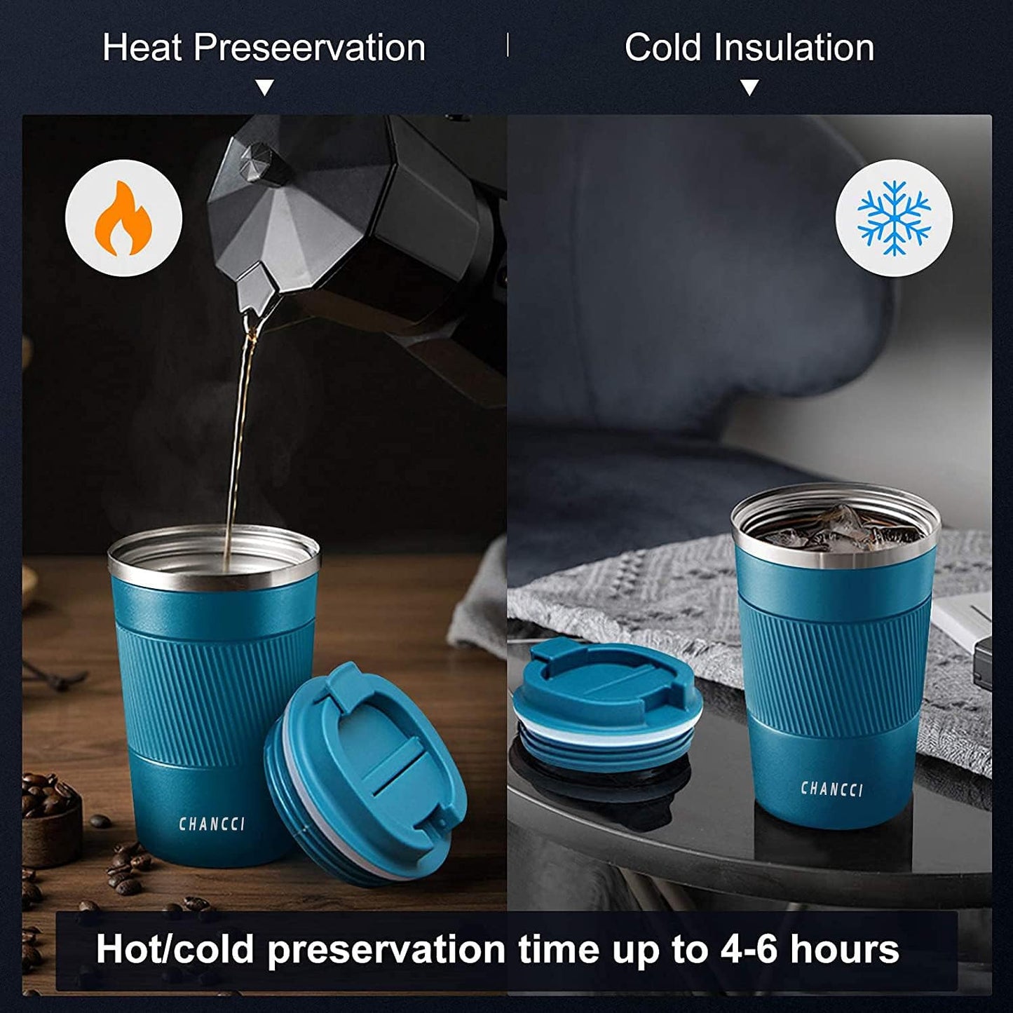 16oz Travel Coffee Mug Spill Proof, Insulated Coffee Mug with Lid, Leakproof Coffee Tumbler,Stainless Steel Vacuum Coffee Cup for Hot/Cold Drinks, Reusable Coffee Cup for Men Women -510ml,Blue