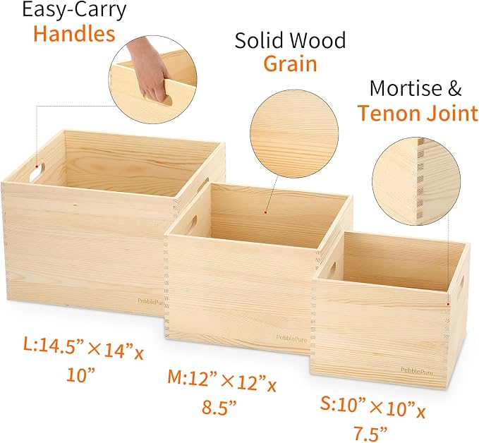 Set of 3 Large Wood Storage Crates, Fully Assembled, Seamless Dovetail - Image 2