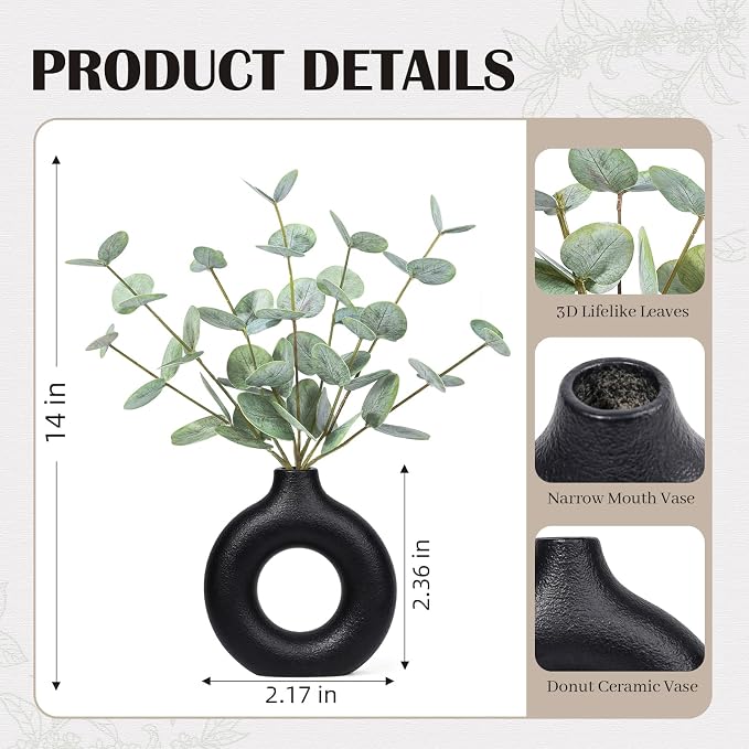FIACO Artificial Eucalyptus Stems in Ceramic Vase, Coffee Table Centerpiece - Image 3