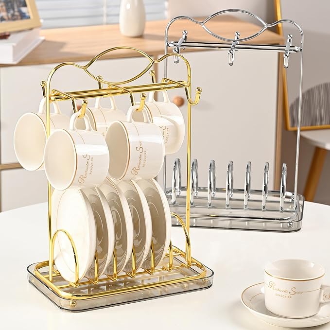 Silver Coffee Mug Holder Countertop, Metal Tea Coffee Cup and Saucer Holders - Image 5
