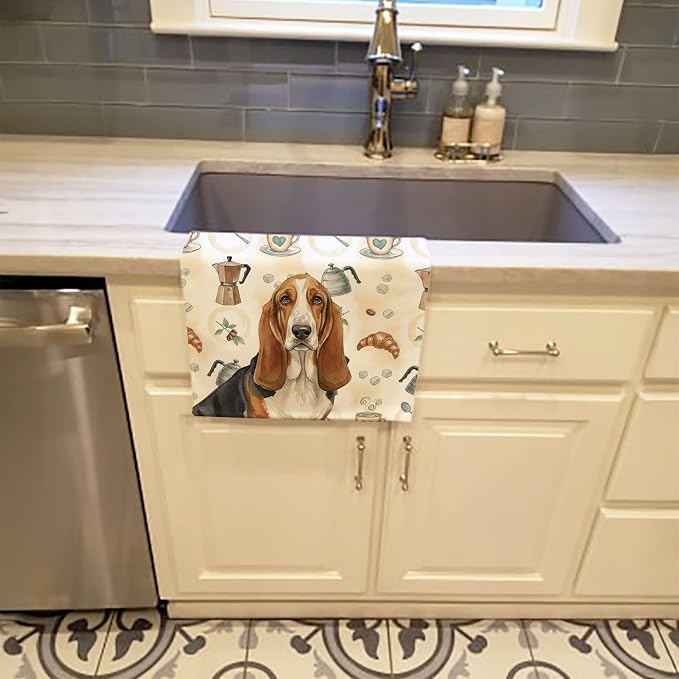 Caroline's Treasures Tricolor and White Basset Hound Coffee Bar Kitchen Towel - Image 2