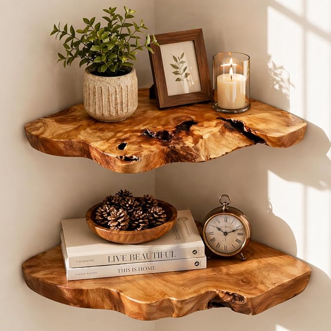 Floating Corner Shelf Set of 2, Handcrafted Live Edge Corner Wall Shelves - Image 9