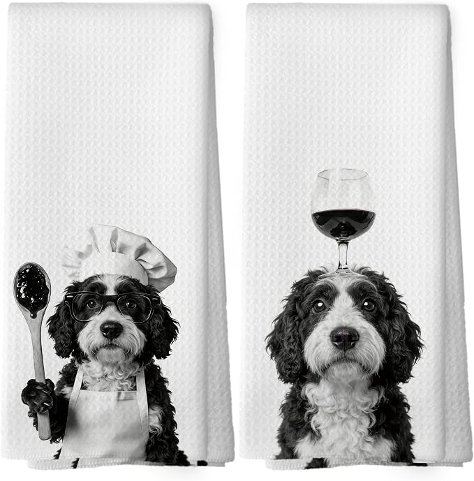 Funny Chef Bernedoodle Wine Kitchen Dish Towels, Bernedoodle Gifts by XPH