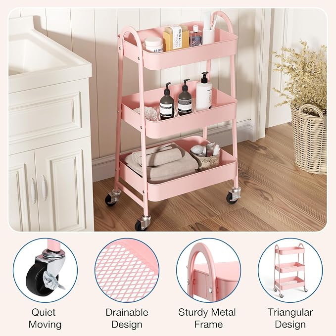 OLIXIS Metal Utility Cart, Mobile Rolling Storage Shelf - Image 2
