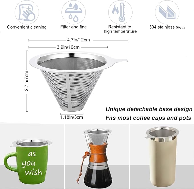 Pour Over Coffee Maker, Coffee Filter, Slow Drip Paperless Stainless Steel Cone - Image 2