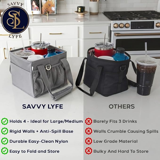Reusable Drink Carrier with Handle – Tip-Resistant 4 Cup Carrier with Shoulder - Image 3