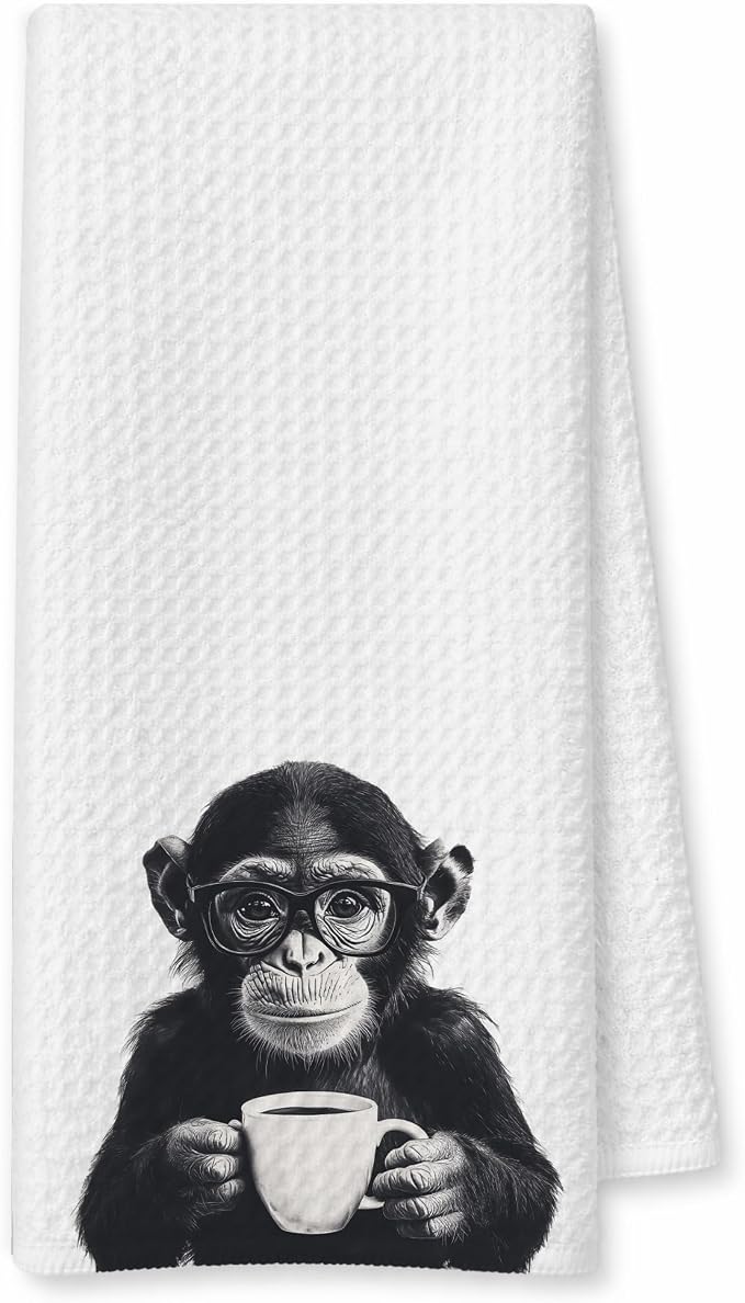 Funny Monkey Coffee Gifts Kitchen Towel, Cute Chimpanzee Wearing Glasses by Unknown