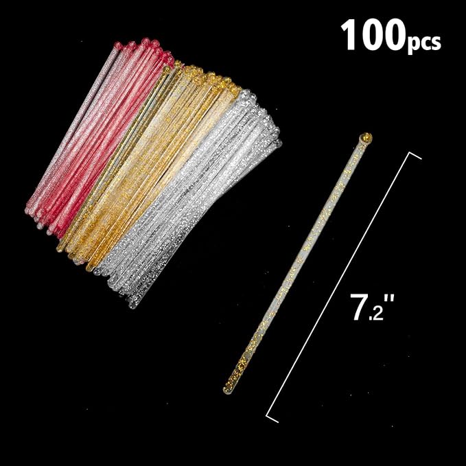hapray 100-PCS Gold Silver Red Glitter Plastic Swizzle Sticks, Crystal Cake Pops - Image 6